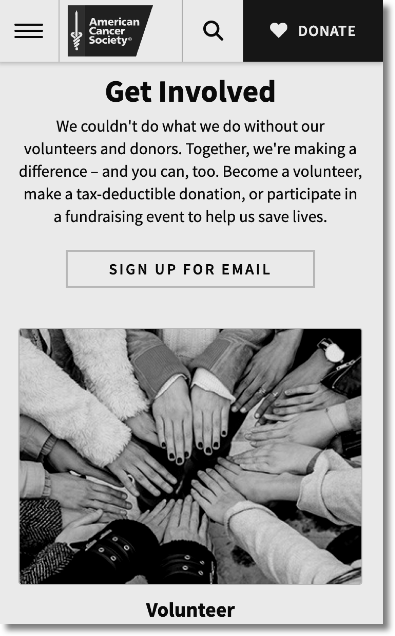 A portfolio image of our design client American Cancer Society, a national orginization focused on the fight against cancer, whom for we helped design an asset for a volunteering platform.